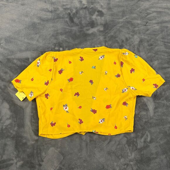 Vijo Couture Womens Wrap Top Size Medium Yellow Floral Cropped Front Shirt Rose - Picture 2 of 7